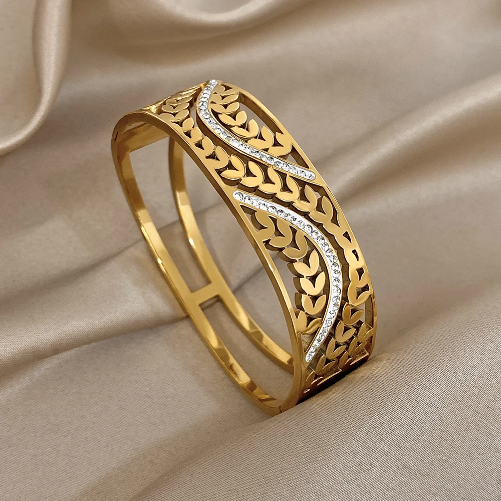

Retro Gold Color Leaf Stainless Steel Wide Bracelet Women Luxury Rhinestone Chunky Round Cuff Spring Bangle Waterproof Jewelry