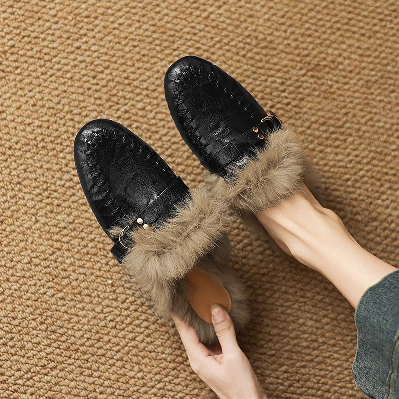 

Women Genuine Leather Furry Closed Toe Low Heel Plush Lined Warm Slip On Mules