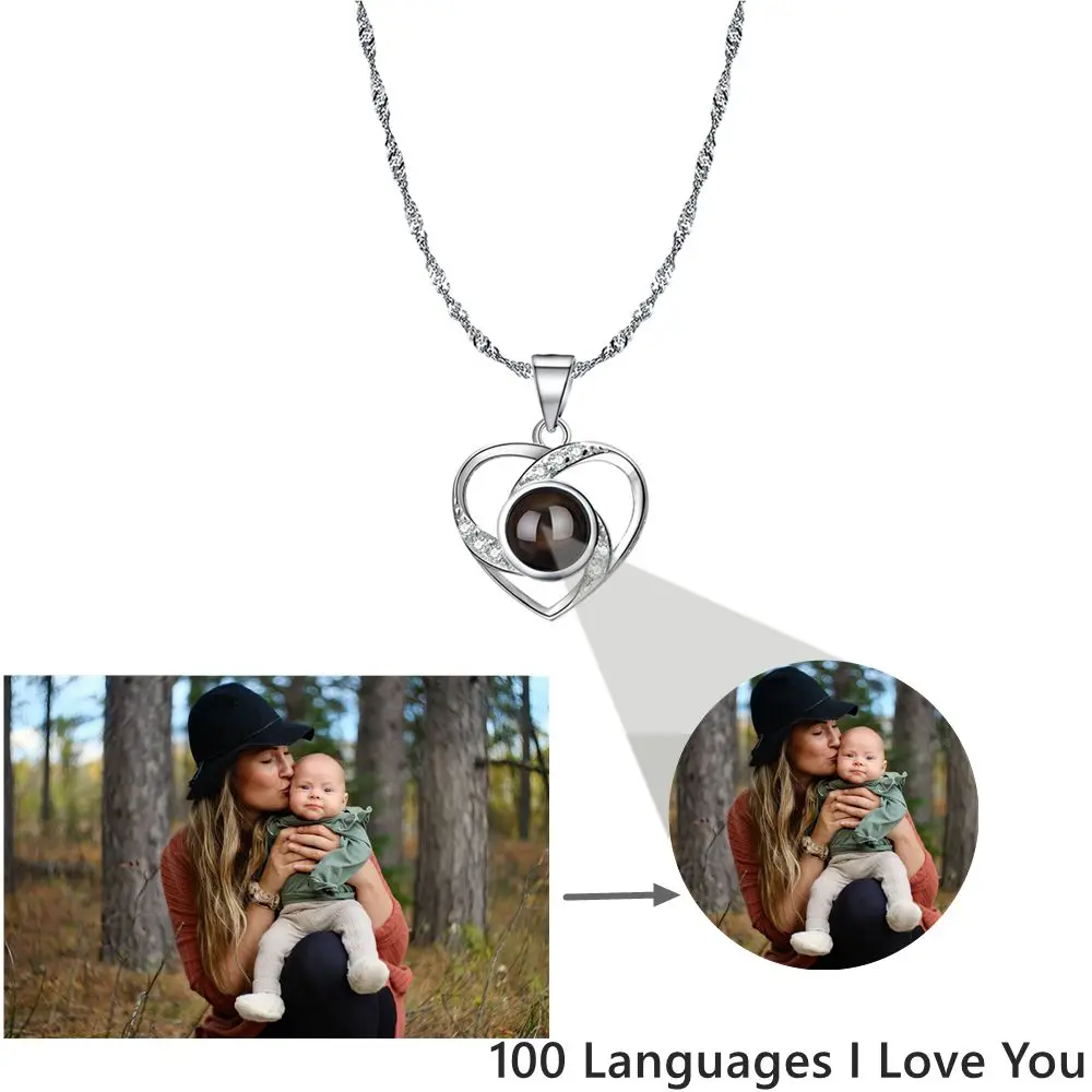 Custom Projection Photo Necklace S925 Silver Heart Pendant Necklace for Women Mother's Day Valentine Day Family Birthday Gift