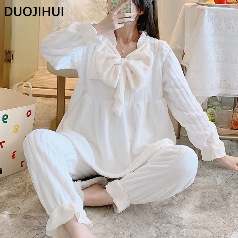 DUOJIHUI White Sweet Chicly Bow Casual Home Pajamas for Women New Fashion Thick Warm Flannel Pure Color Loose Female Pajamas Set