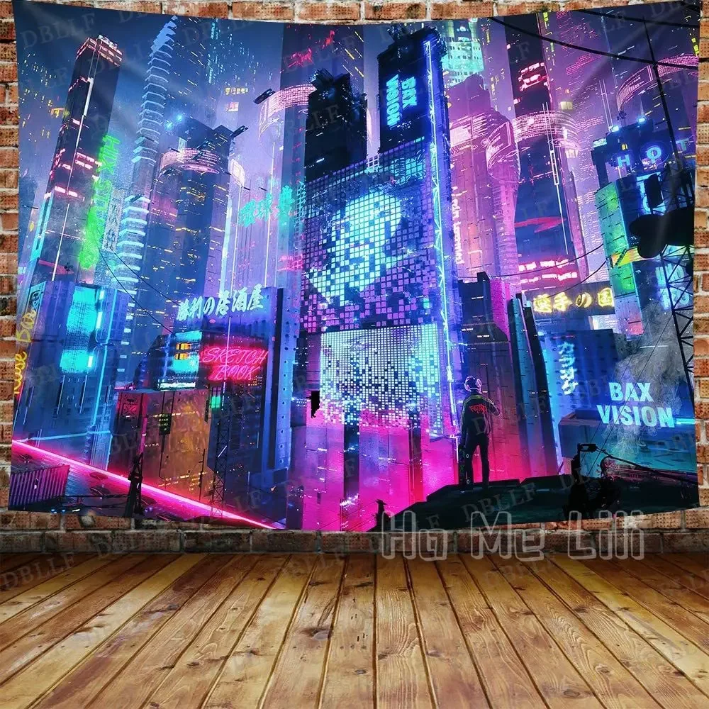 Japanese Tapestry Cyber Punk Cityscape Wall  Art  Futuristic Skyscraper City Style