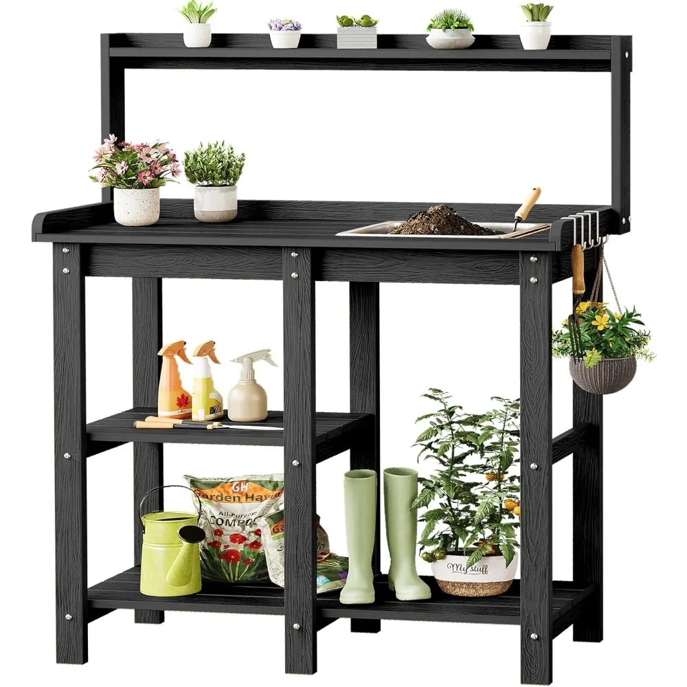 

Potting Bench, Outdoor Potting Bench Table with Removable Sink, HDPS Potting Benches for Outside, Garden Table with Storage Shel