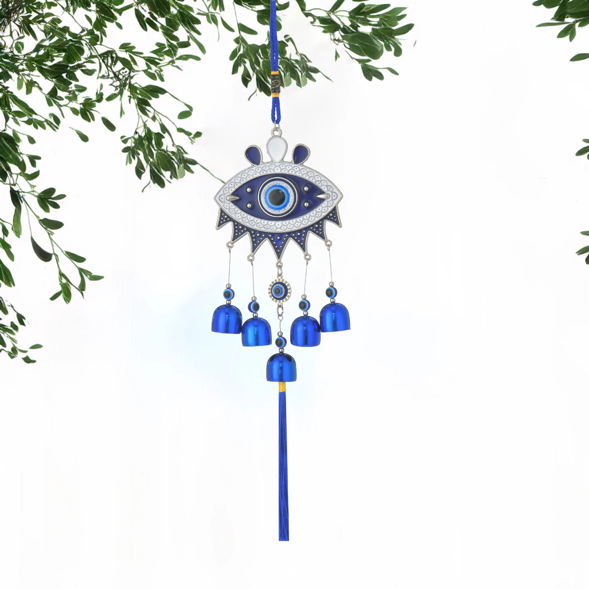 Blue Hamsa Hand of Mother Fatima Evil Eye Wall Hanging Ornament - Turkish Nazar Bead Charm Metal Home Protection Decor (Blue)