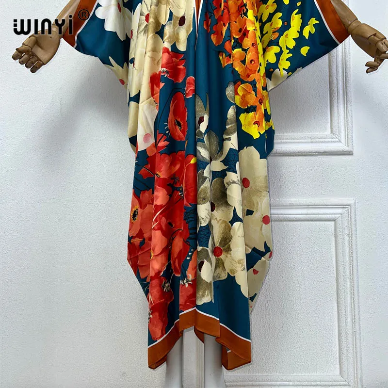 WINYI V-neck dress Africa Fashion Women Sexy Boho Casual silk feel Floral printing Evening Party Beach cover up Long Maxi kaftan