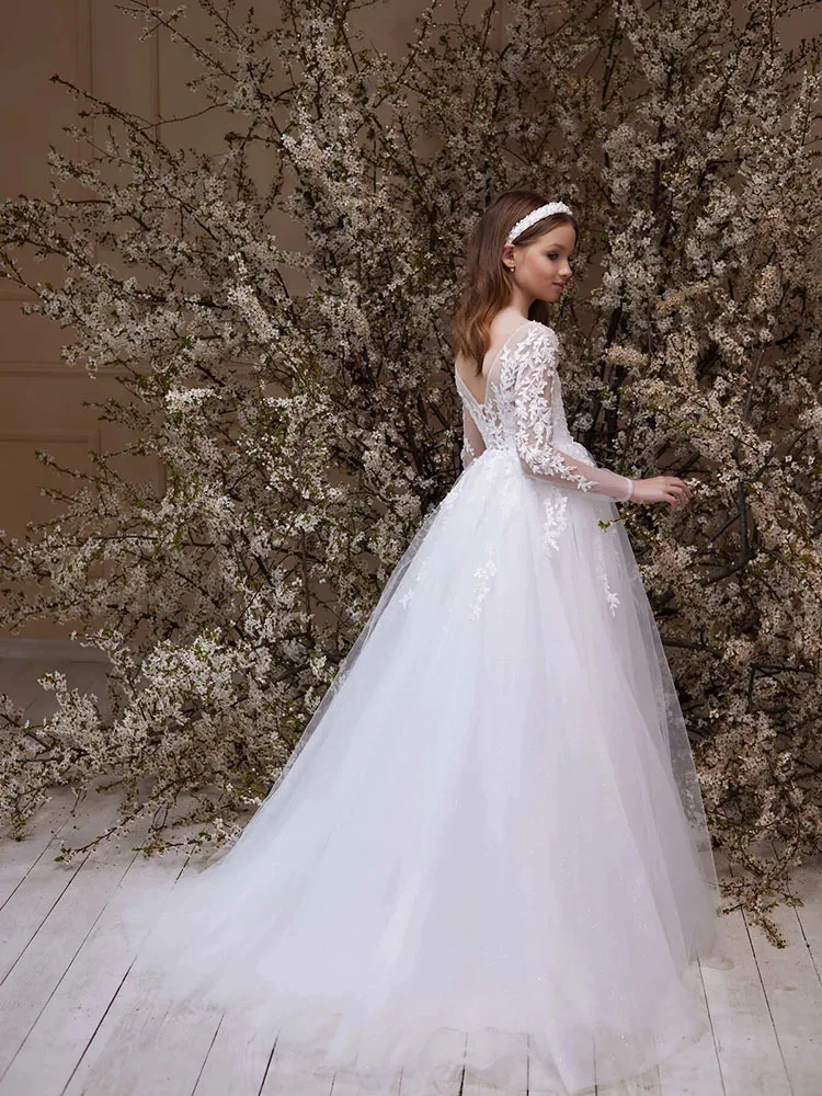 Vestido blanco de flores para niña, apliques de tul, princesa para niños, vestido elegante a medida para cumpleaños, graduación, comunión, ocasión formal, vestido de fiesta de boda