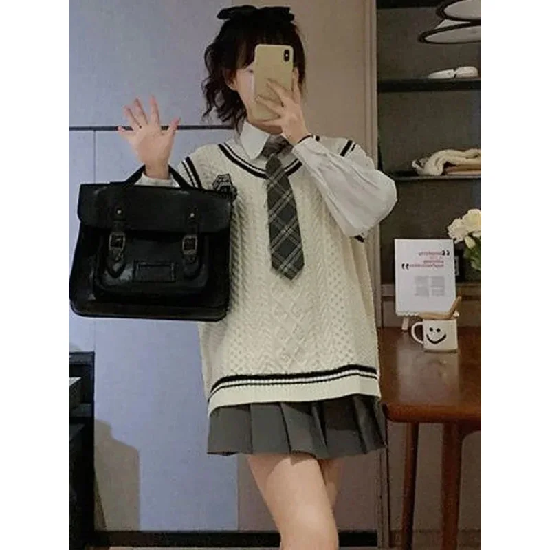 Japanese Cute School Uniform Women Korean Winter Knitting Sweater Skirt Sets V-neck Long Sleeve Jk Uniform School Girl Cosplay