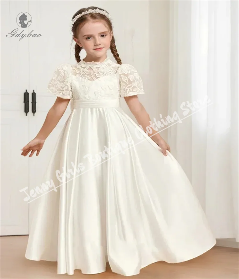 

Ivory Lace Applique Evening Dress With Bow For Children's First Communion Bridesmaid Suitable Wedding Performances