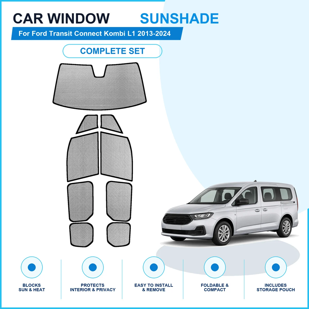 For Ford Transit Connect Kombi L1 2013-2024 Custom Full Set Window Sunshades Aluminum Foil Suction Cup Anti UV Privacy