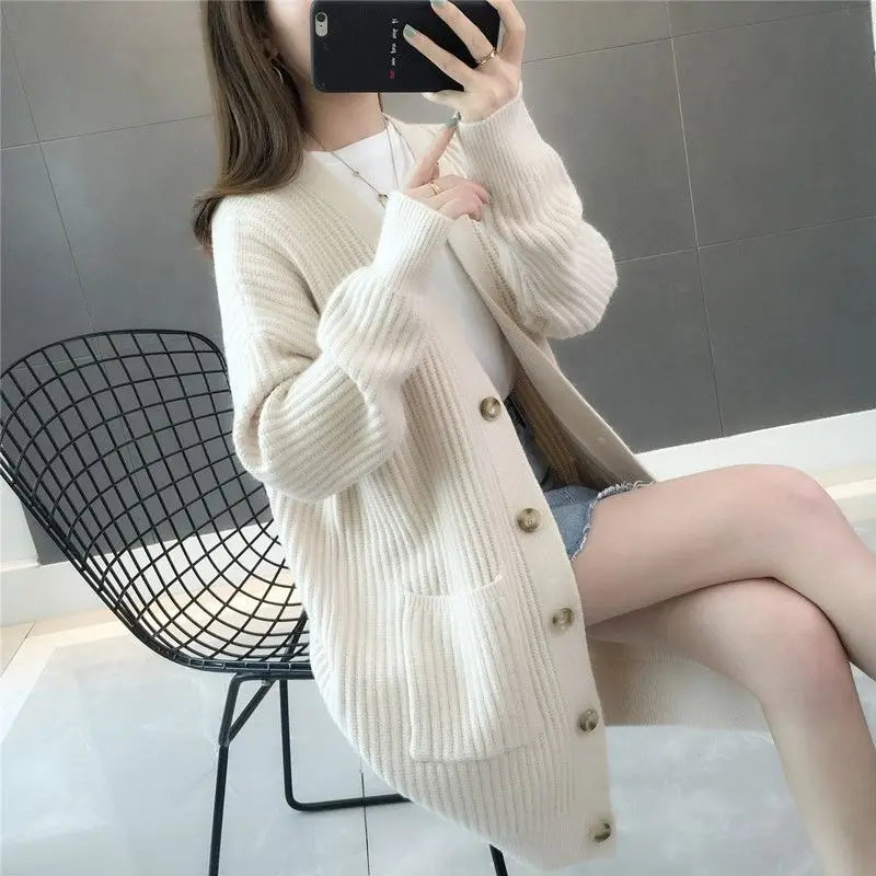 Cardigan de malha grosso de comprimento médio para mulheres, suéter solto, estilo coreano, casaco de malha, primavera, outono, novo, 2023