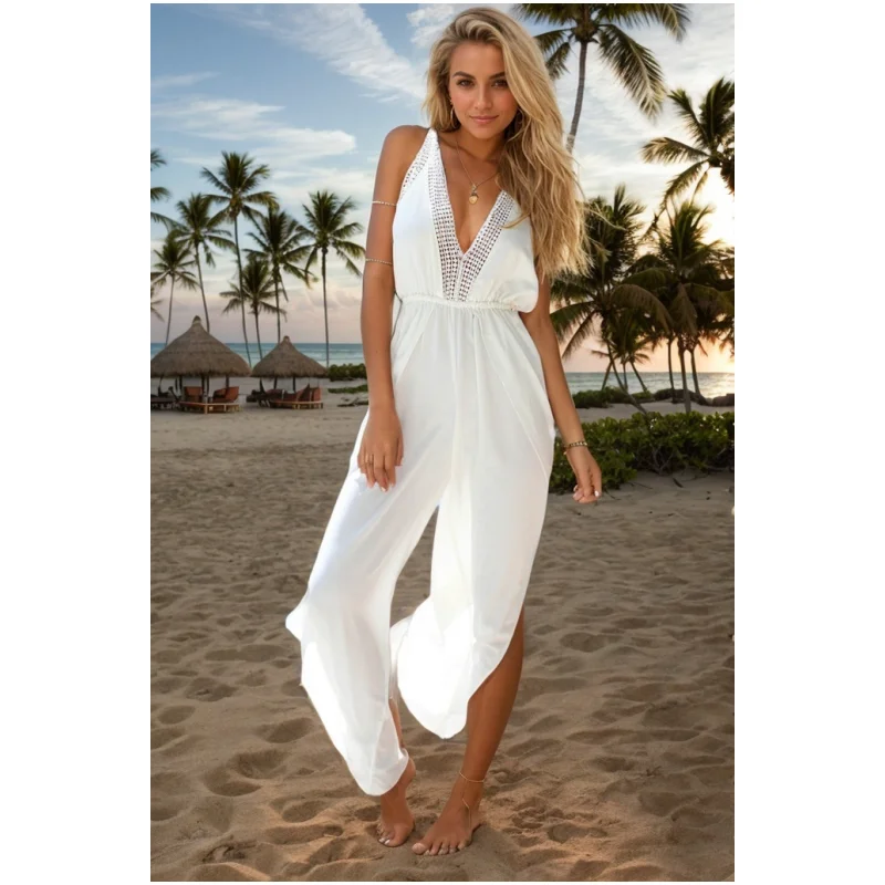 F4457 Lace Trim V-neck Backless Tie Neck Halter Casual Jumpsuit