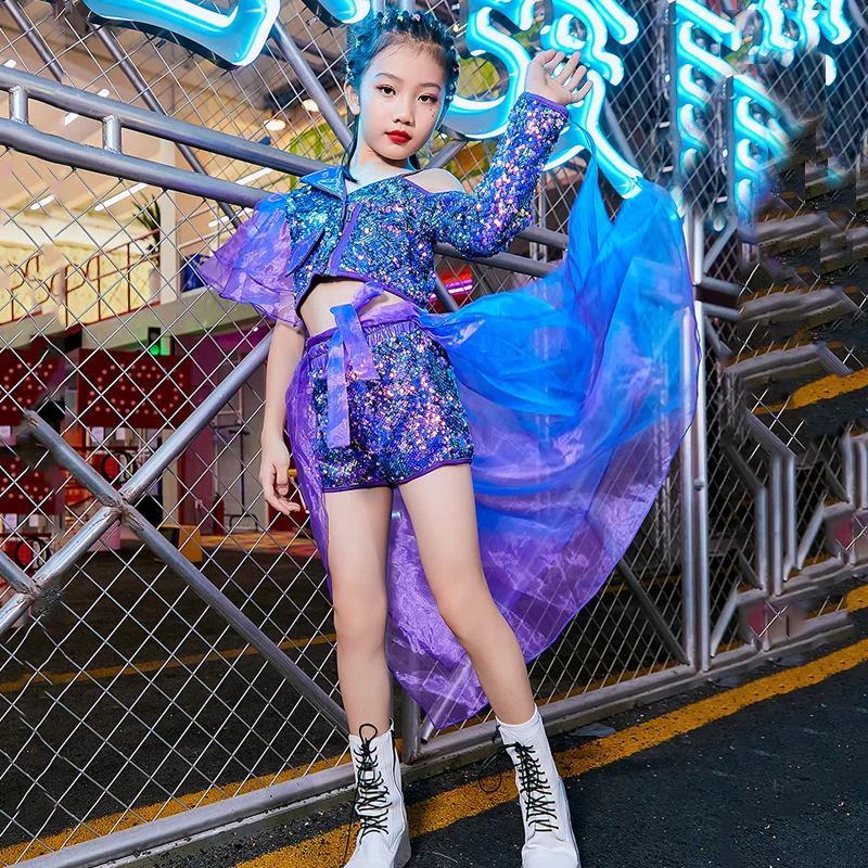 Trajes de palco de lantejoulas brilhantes infantis, conjunto de dança jazz, roupas de performance hip hop, alça roxa, roupas para meninas