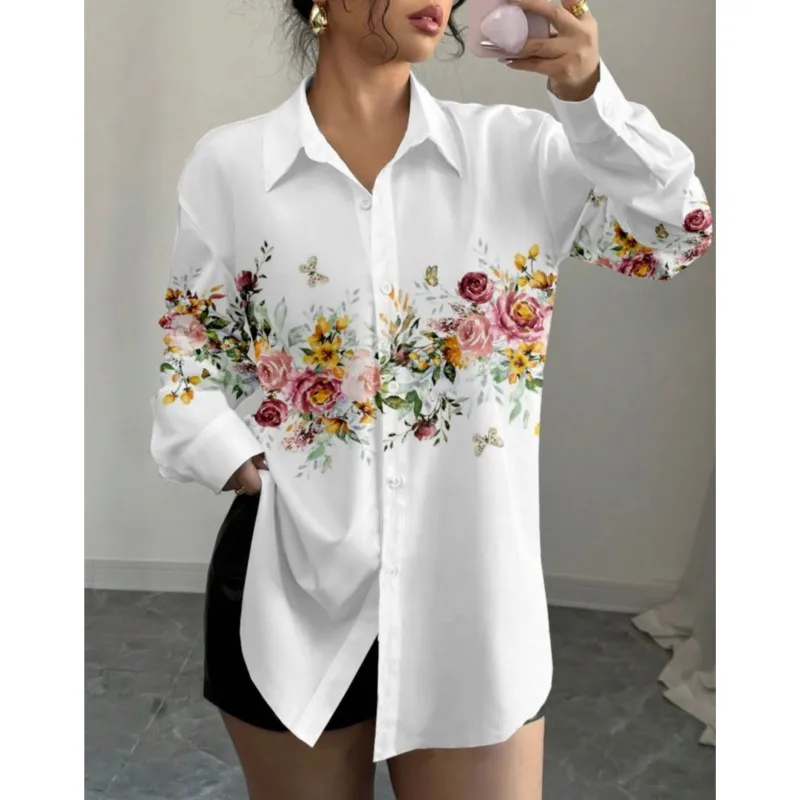 2025 Autumn Women Fashion Floral Print Shirts Turn-down Collar Long Sleeve Blouses Casual Single-breasted Shirt Female Clothing