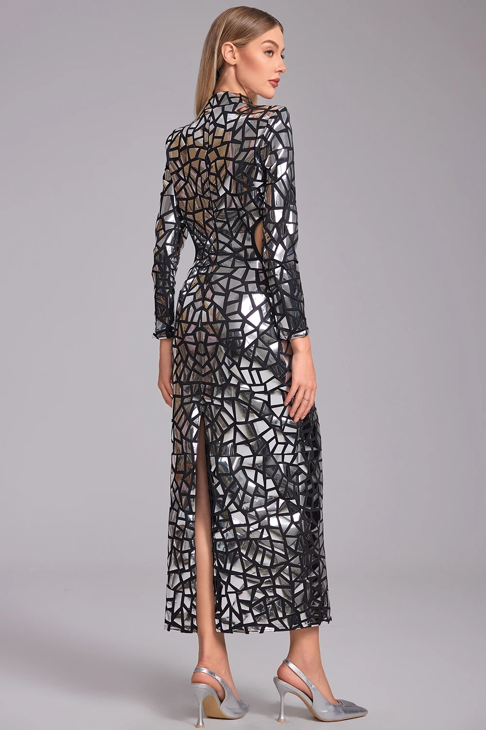 فستان نسائي طويل برقبة وهمية معكوسة ترتر أسود فستان ماكسي بأكمام طويلة فضي سباركلي أداء المغني