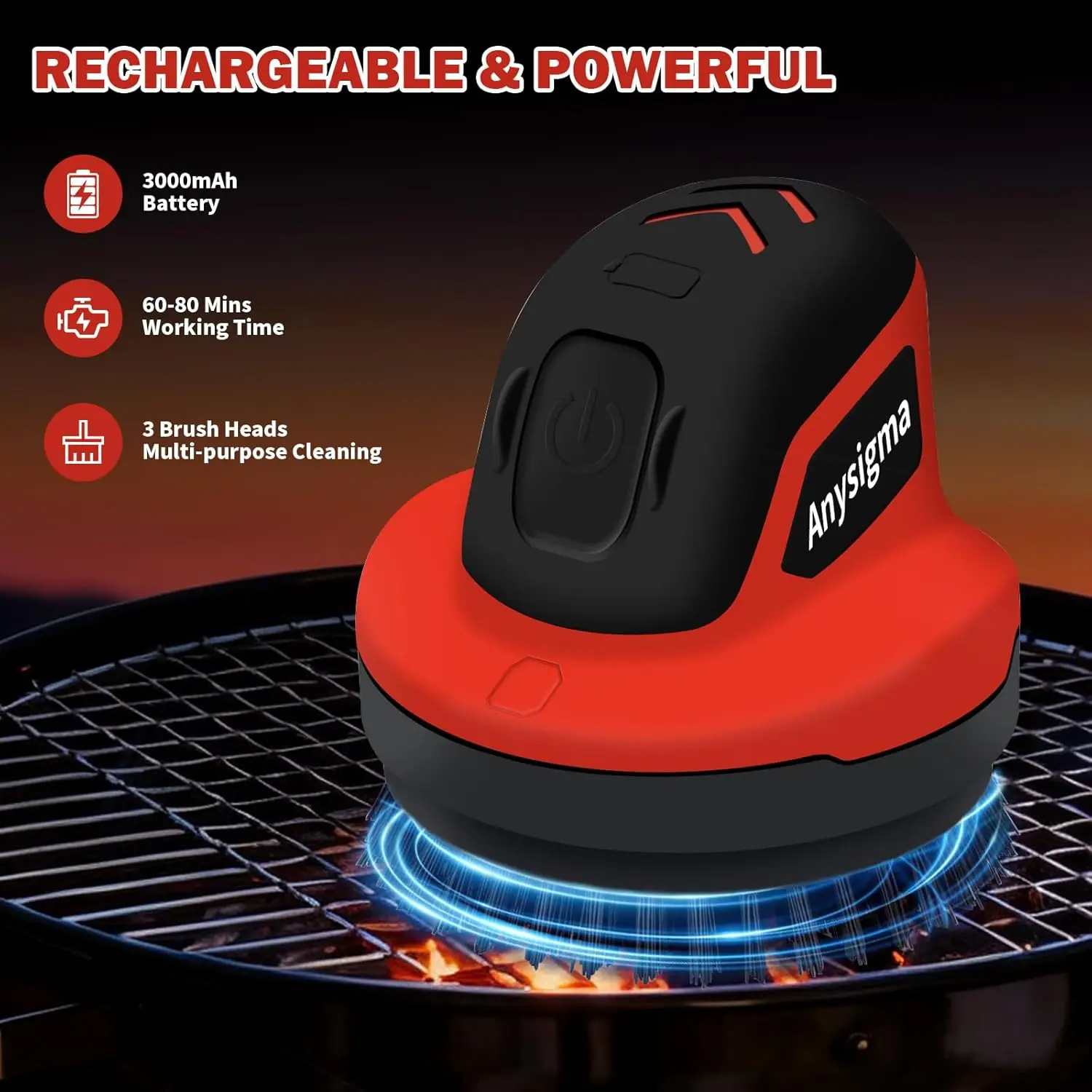 Escova elétrica sem fio para grelhar com cabeças substituíveis - limpador de churrasco recarregável, vermelho