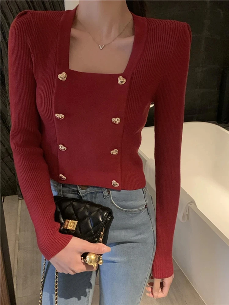 Short Square Collar Crop Top Knitted Sweater Women Korean Clothes Love Button Long Sleeve Sweaters 2024 Autumn Winter Pullover