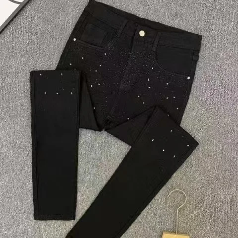 Pantalones vaqueros con diseño de cuentas para hombre, pantalón de diseñador, moda recta Retro, pantalones de chándal casuales, Joggers de invierno, ajuste Delgado, alto y cálido