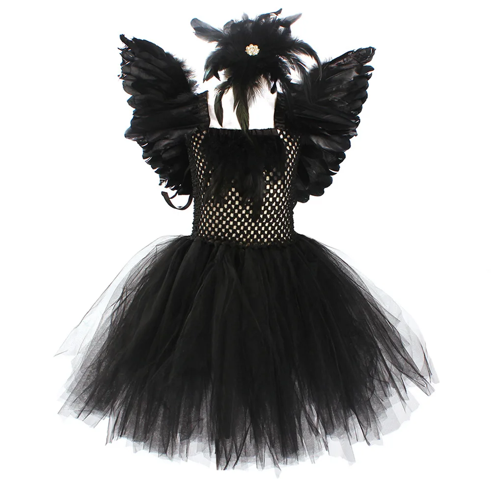 Kids Halloween Black Swan Dress Angel Demons Tutu Dress Girls Cosplay Maleficent Dark Queen Costumes Clothes Outfit 2-12Y