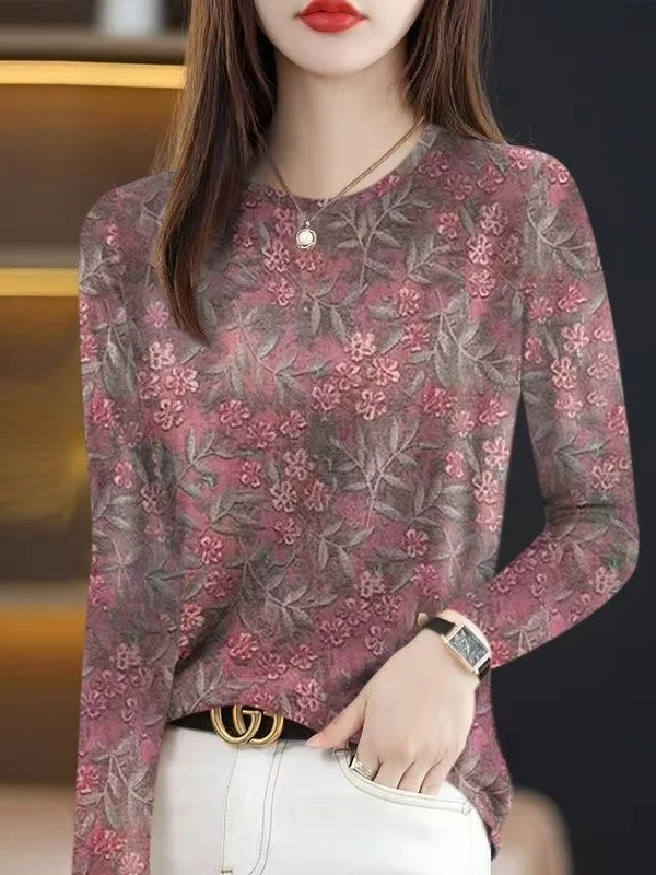 

Early Autumn Long Sleeve round Neck T-Shirt Women's Printed Slimming Meat Covering Casual Style Standard Size Polyester Fiber