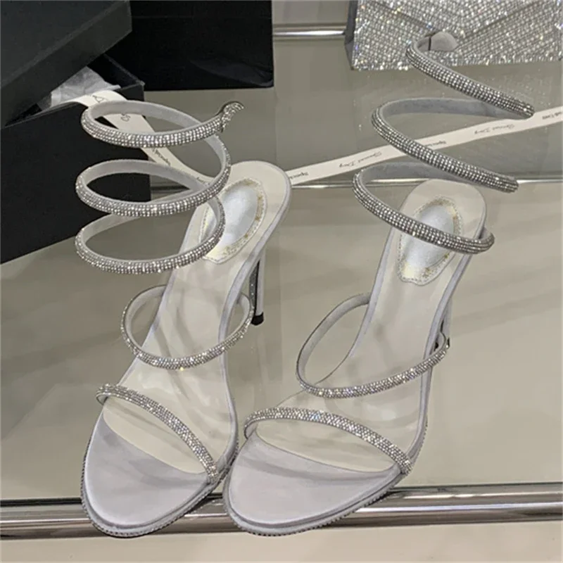 Aneikeh Glitter Crystal Snake Wrapped Sandals Women's Summer Fashion Sexy Rhinestone Thin Heel High Heels Party Prom Shoes