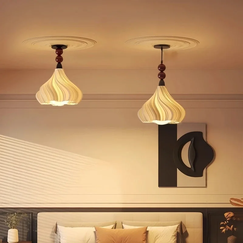 Mid-Century Wood Bead Pendant Light with Wavy Lampshade for Kitchen Island Dining Room