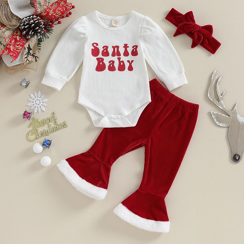 

2023-09-07 Lioraitiin 0-18M Infant Baby Girl Christmas Clothes Letter Print Long Puff Sleeve Romper Velvet Flare Pants Headband