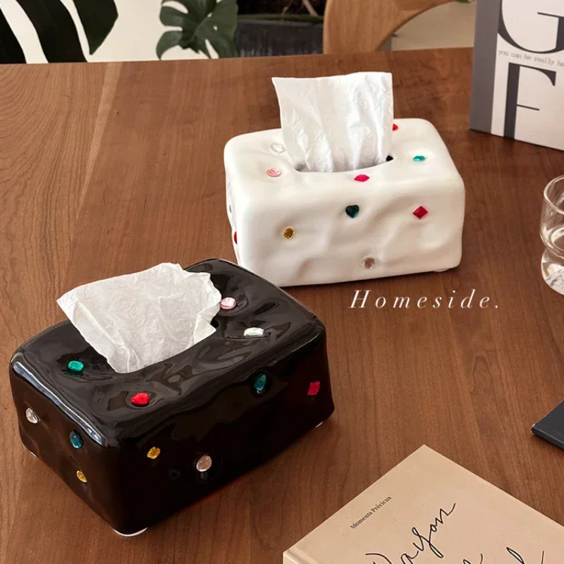 Maiden Style Tissue Box Unique Irregular Gemstone Inlay Design with Elegant Ceramic Napkin Holder for Sophisticated Home Decor