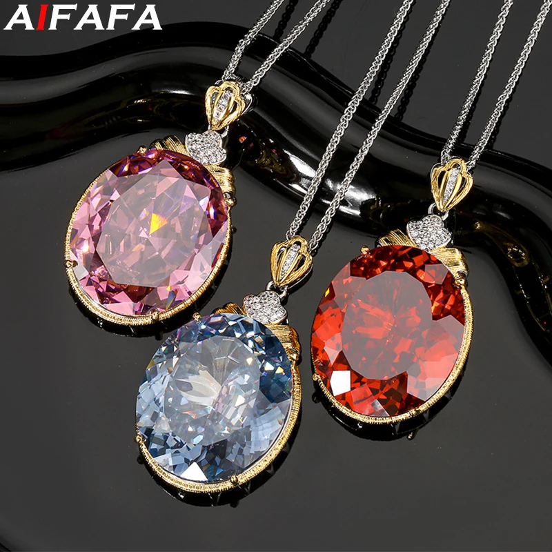 Hundred Cut Oval Pendant Necklace Sparkling 25*30mm Big Egg 5A Grade Stone with 55cm Neck Chain Fashion Jewelry Accessories