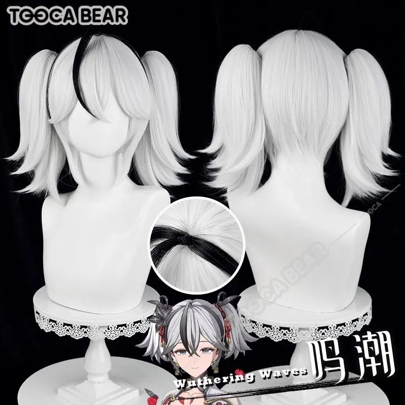 

Game Wuthering Waves Camellya Cosplay Wig Black White Double Ponytail Hair Black Shores Jinzhou with Wig Cap Halloween