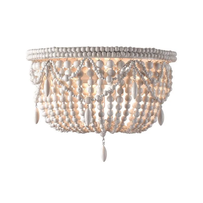 American retro ceiling lamp, round wooden bead living room aisle princess room suction hanging dual-purpose bedroom