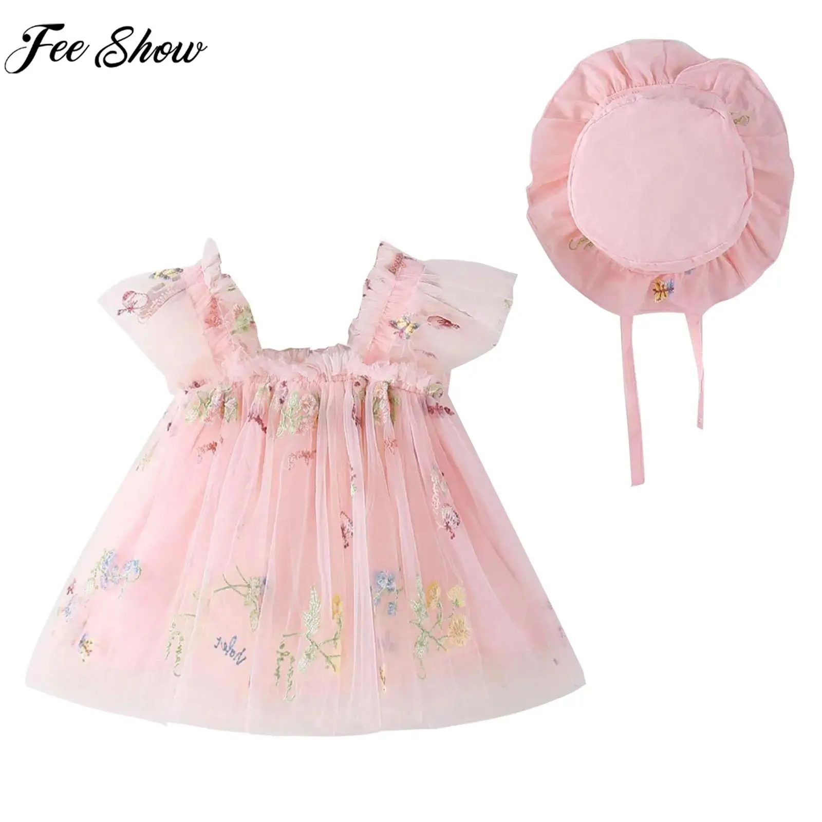 Toddler Girls Sleeveless Cute Flowers Tulle Boho Style Princess Tutu Dress with Hat Summer Beach Holiday Birthday Party Costume