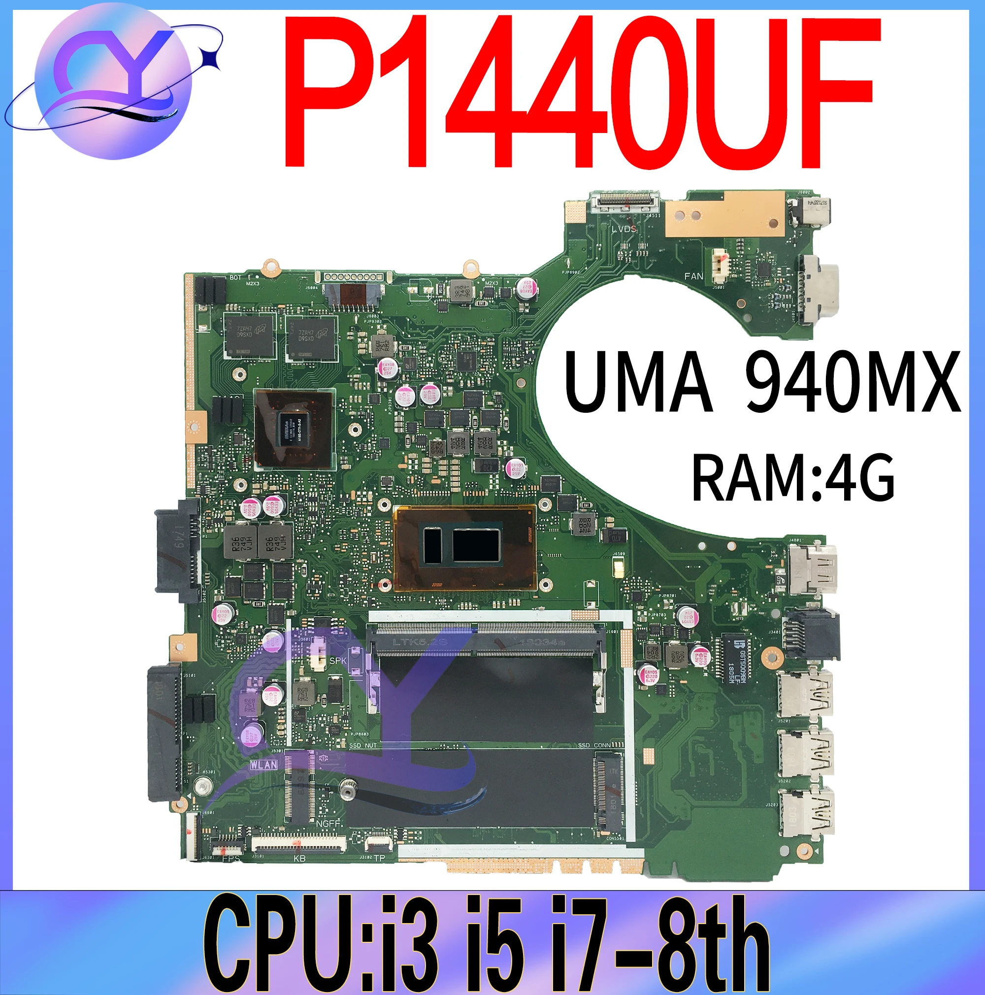 P1440UF Laptop Motherboard For ASUS P1440UA P1440U P1440UB Mainboard With i3 i5 i7-8th 4G-RAM UMA 930MX 100% Working Well