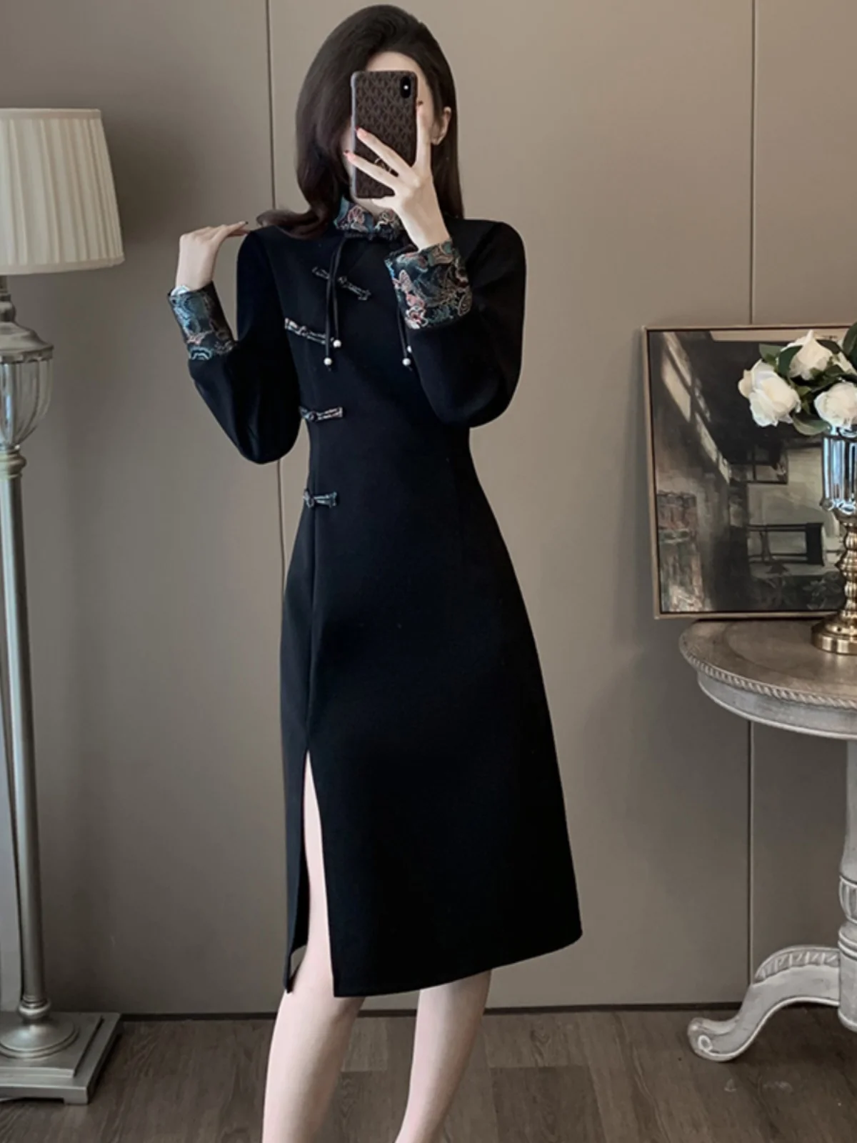 

New Chinese Style Gown Dress Women's Fashion Spring Season Slimming High Waist Tunic Skirt with Slit Elegant National Trend
