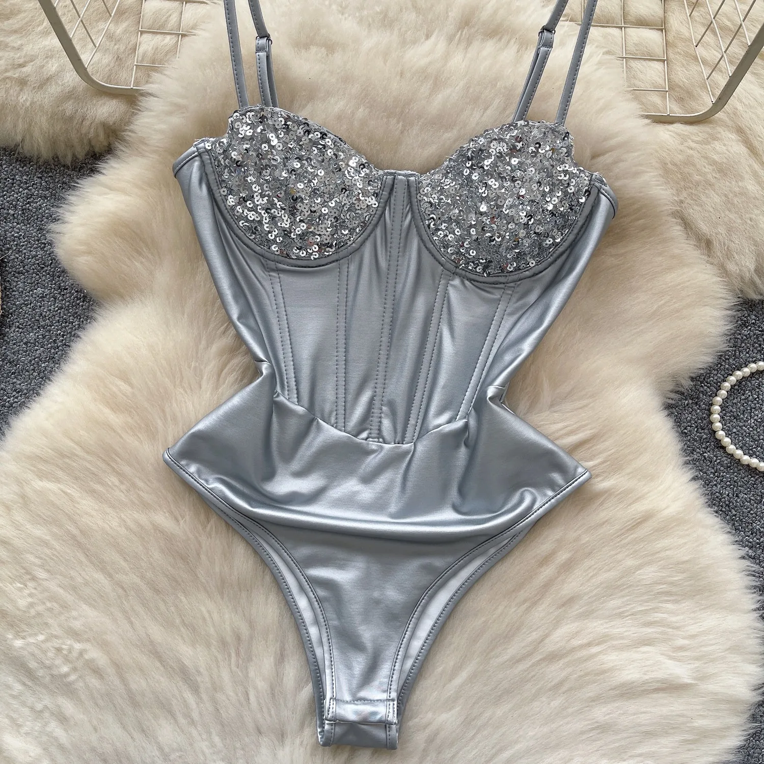 Sexy Sequin Patchwork Camisole Jumpsuit For Women, Pure Desire, Fishbone Slimming, Slimming And Strapless
