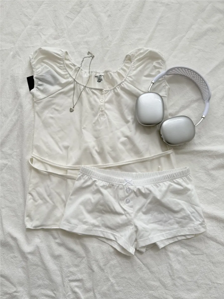 White Back lace-up T-shirt Shorts 2 Pieces Sets Women Cotton Slim Buttons Crop Top+Bow Home Shorts Sweet Two Piece Clean Outfit
