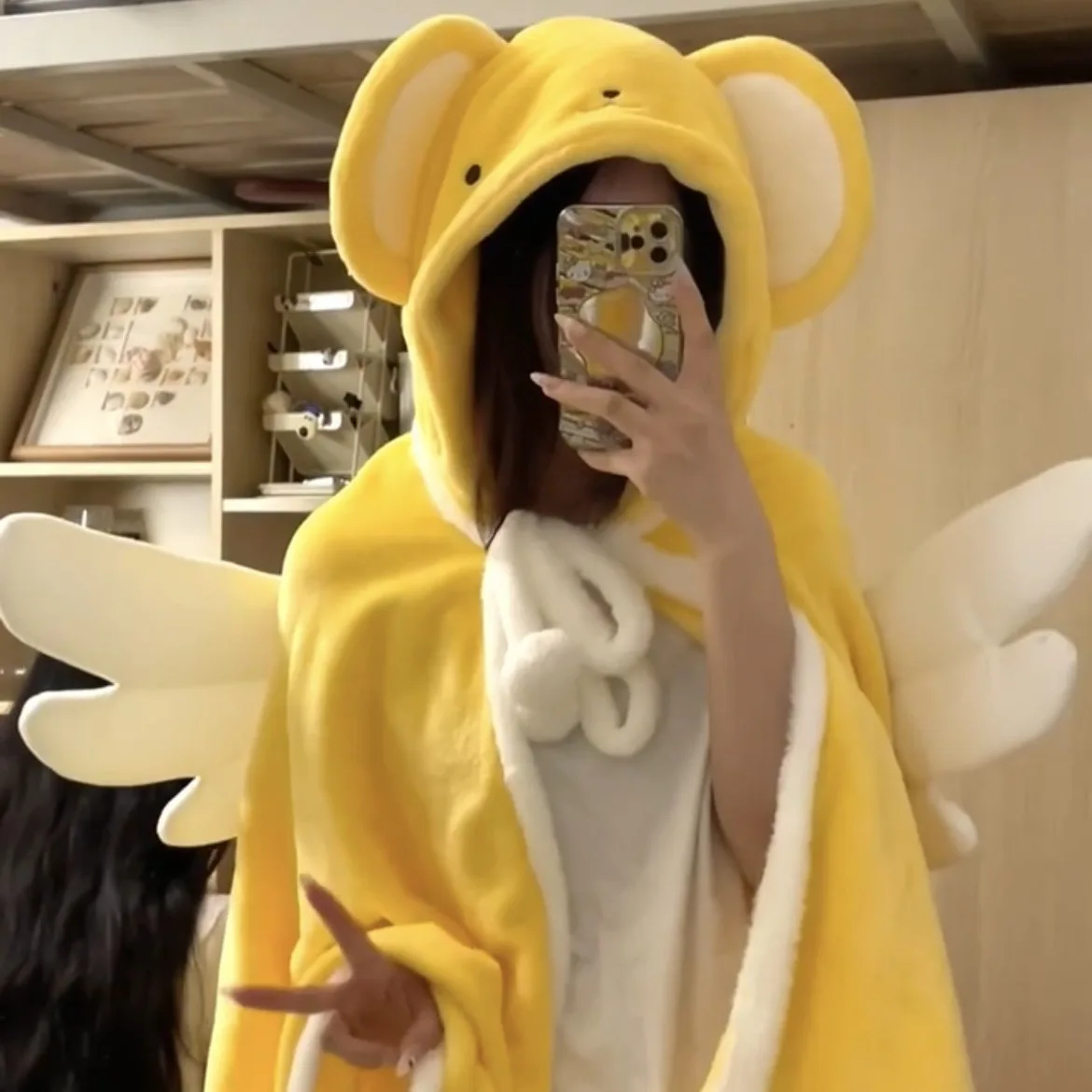 Magic Mori Girl Style Hooded Plush Air Conditioner Blanket Y2k Plush Hooded Capes with Wings Trend Anime Napping Blanket Cloak