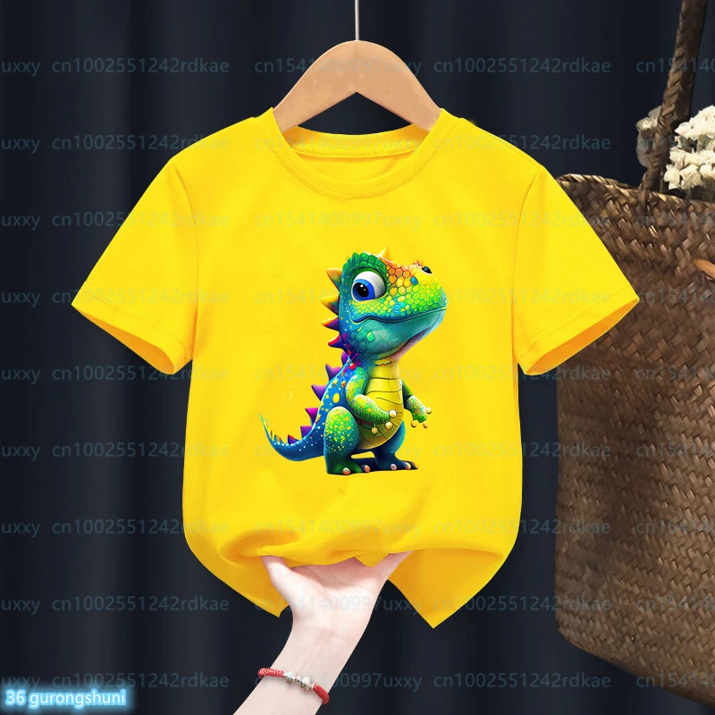 Camiseta con estampado de dinosaurio colorido para niños, ropa Harajuku de manga corta, Tops para niños pequeños, novedad de verano