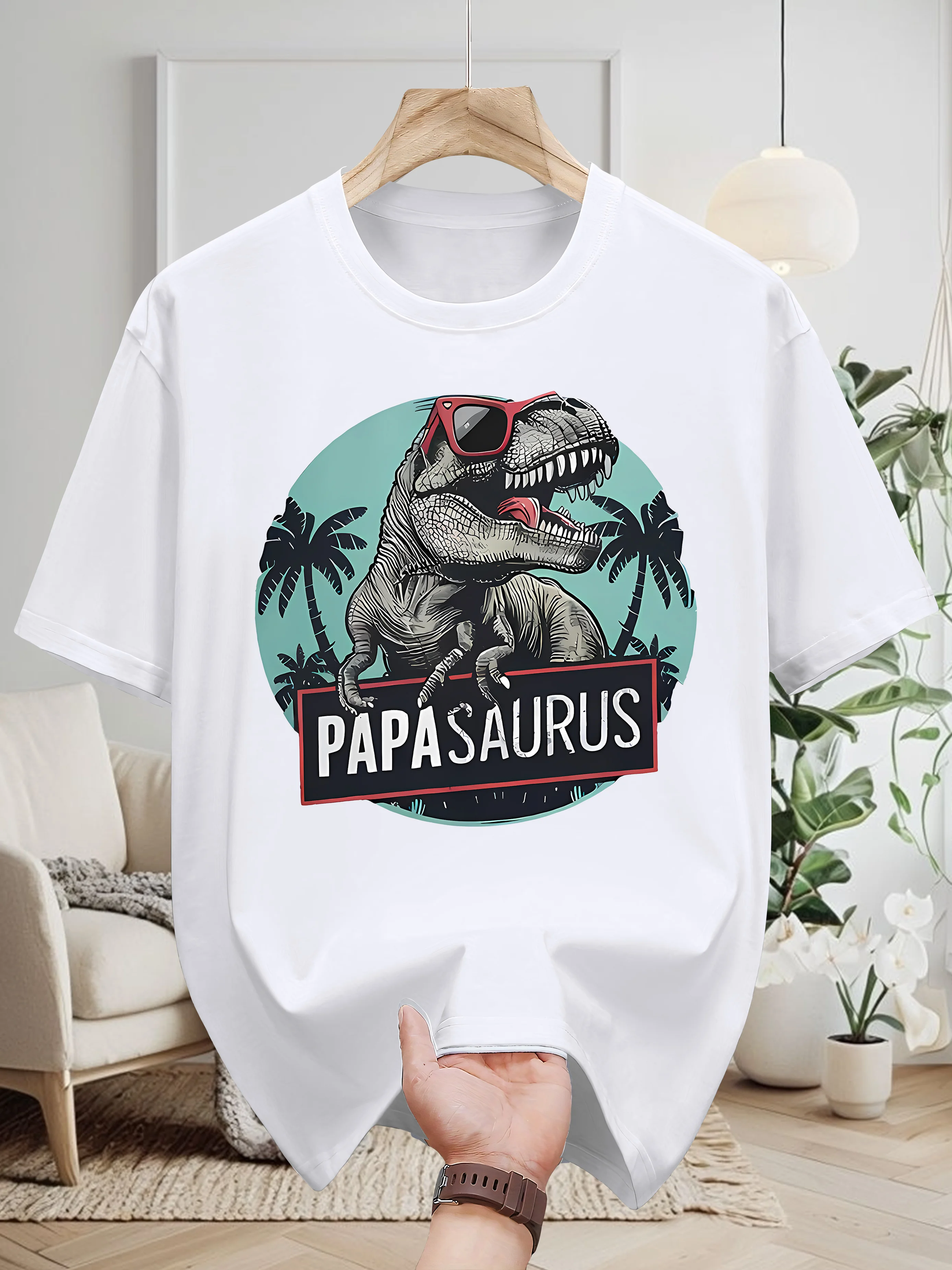 Cool Papasaurus T-Rex with Sunglasses and Palm Trees Print on Premium Soft 100% Cotton Men T Shirt Perfect Summer Casual Style