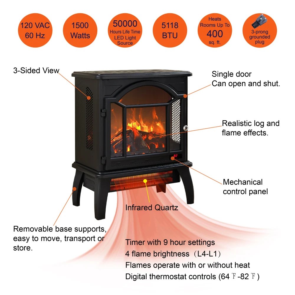 Estufa de chimenea de cuarzo infrarroja eléctrica con llama 3D de 18 pulgadas con control remoto