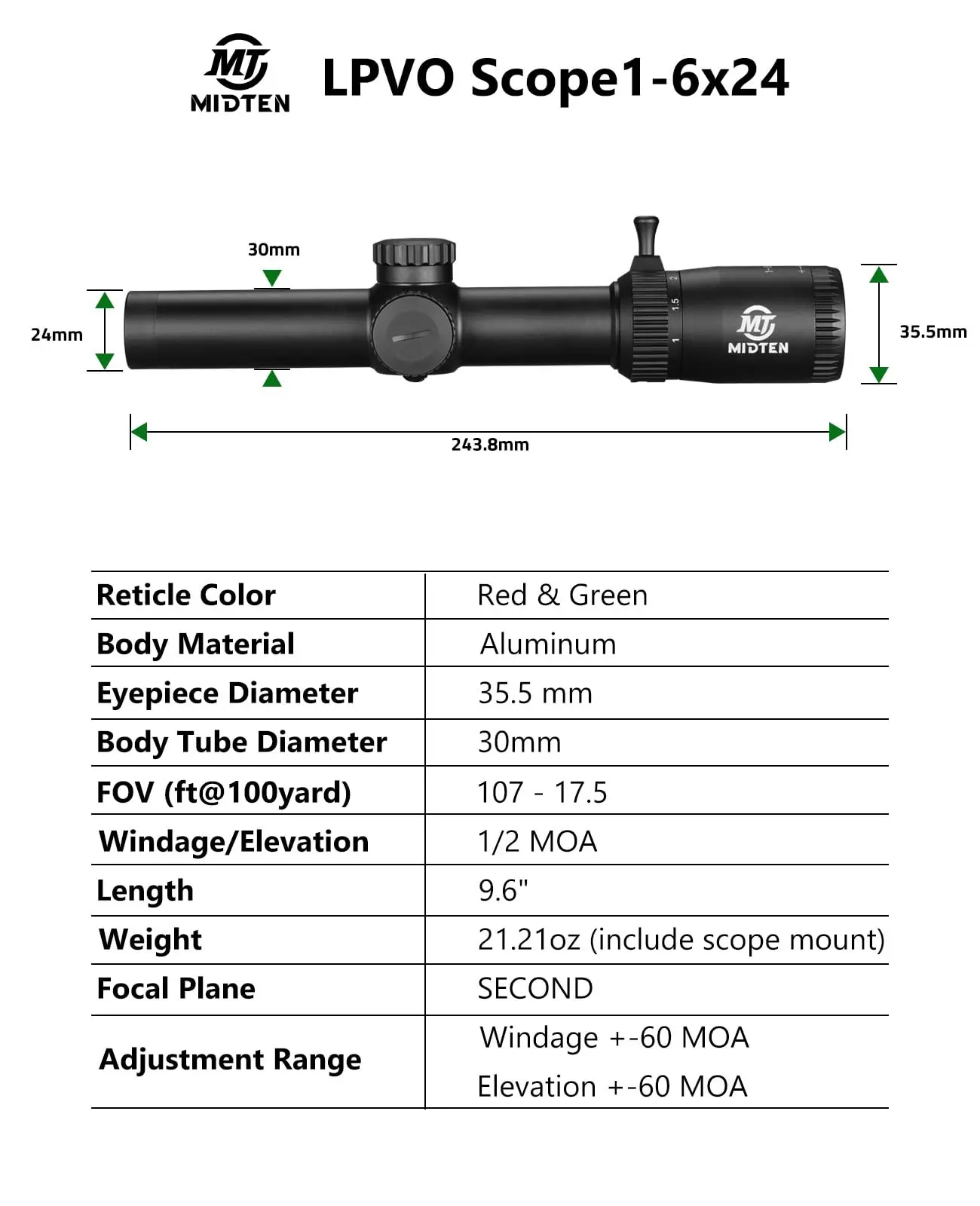 

Airsoft 1-6x24 LPVO Rifle Scope Second Focal Plane Circle Dot Reticle Riflescope with 30mm Cantilever Mount for Picatinny Rail