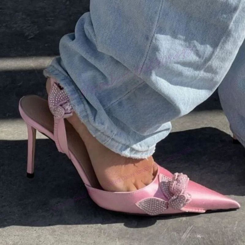 Bombas de flor de cristal cetim rosa para mulheres, sapatos de dedo apontado, salto alto fino, salto cortado, 2023