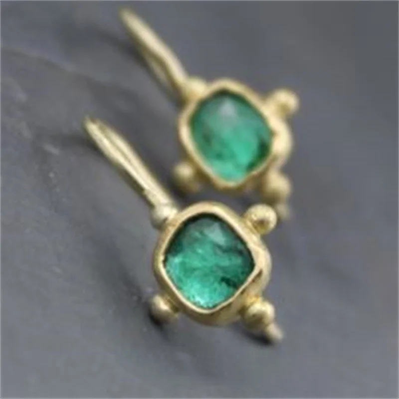 Vintage Inlaid Green CZ Dangle Women's Earrings Trendy Gold Color Pattern Geometry Daily Wear Party Jewelry Anniversary Gift