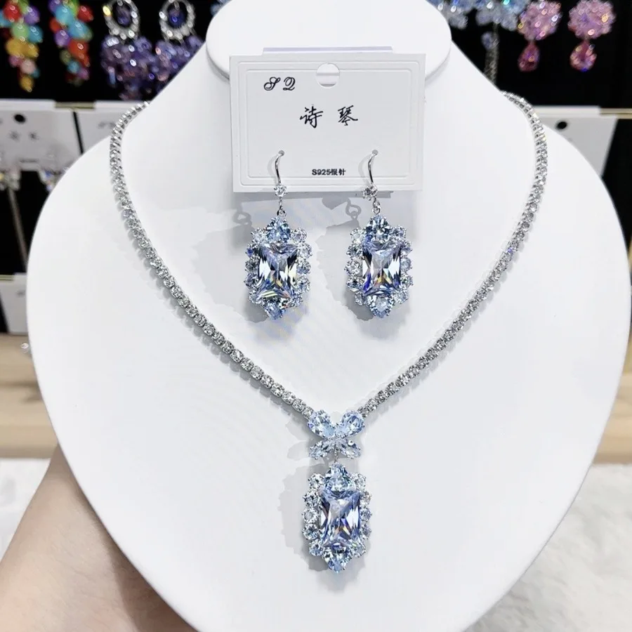 

Elegnt Cubic Zirconia Necklace Earrings Set Fashion S925 Silver Post Jewelry Sets for Women Bridal Jewellery Accessories
