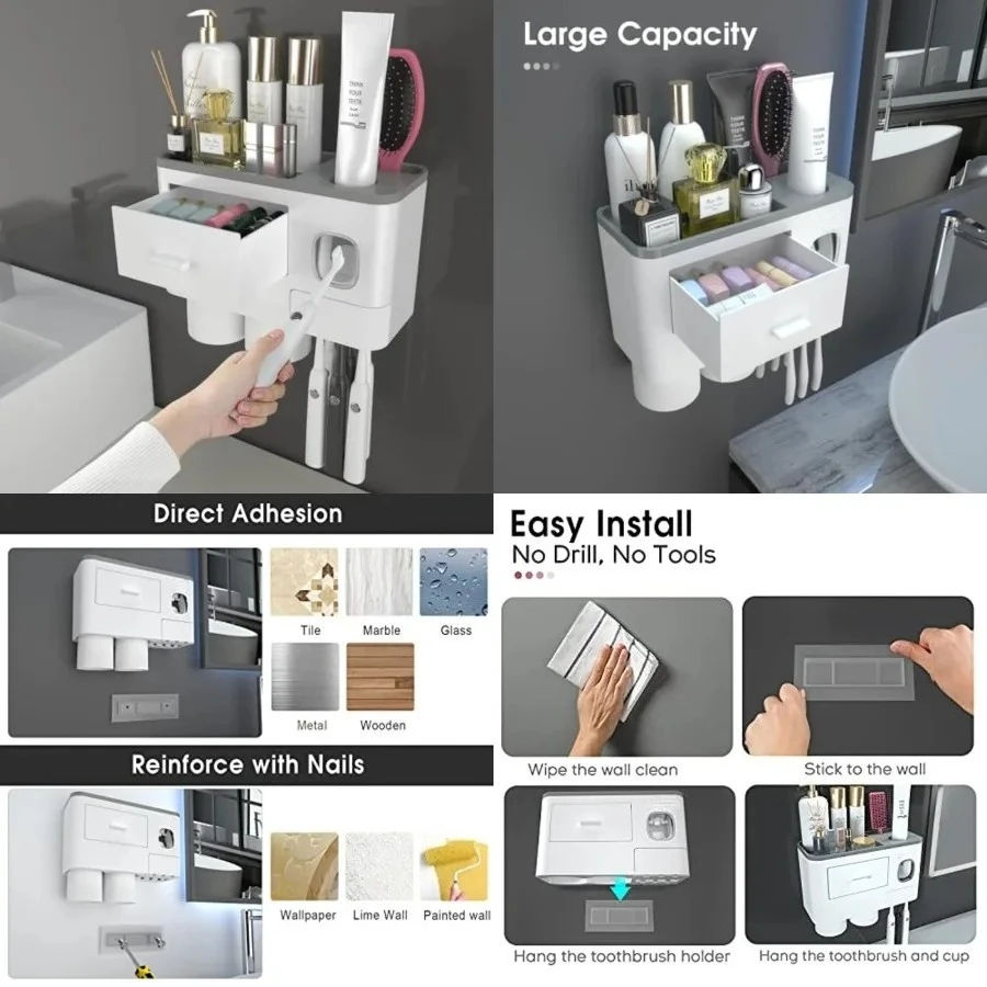

Toothbrush Holders for Bathrooms, 2 Cups Toothbrush Holder Wall Mounted with Toothpaste Dispenser - Large Capacity Tray, Cosmetic Drawer - Bathroom Decor & Bathroom Accessories