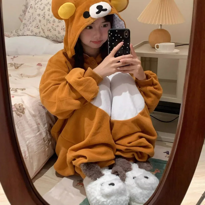 Rilakkuma Onesie Pajamas Cute Bear Embroidered Pajamas Stylish Women\'s Autumn And Winter Hooded Warm Jacket New Cartoon Pajamas