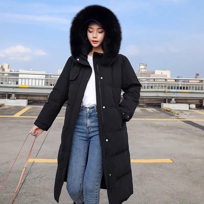 Long Down Cotton Parkas Coat Female 2024 New Winter Loose Large Fur Collar Hooded Warm Thick Parkas Puffer Women Padded Overcoat