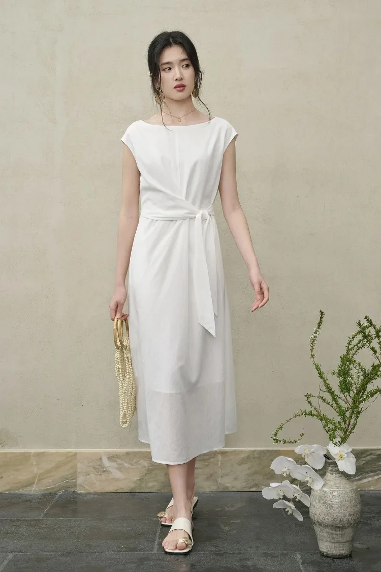 SENTUBILA Damen Weißes Freizeitkleid im A-Linien-Schnitt 2026 Neues Elegantes Bürokleid mit U-Ausschnitt, Taillenband und Raglan-Kurzärmeln 162LI6088 – Detail 15