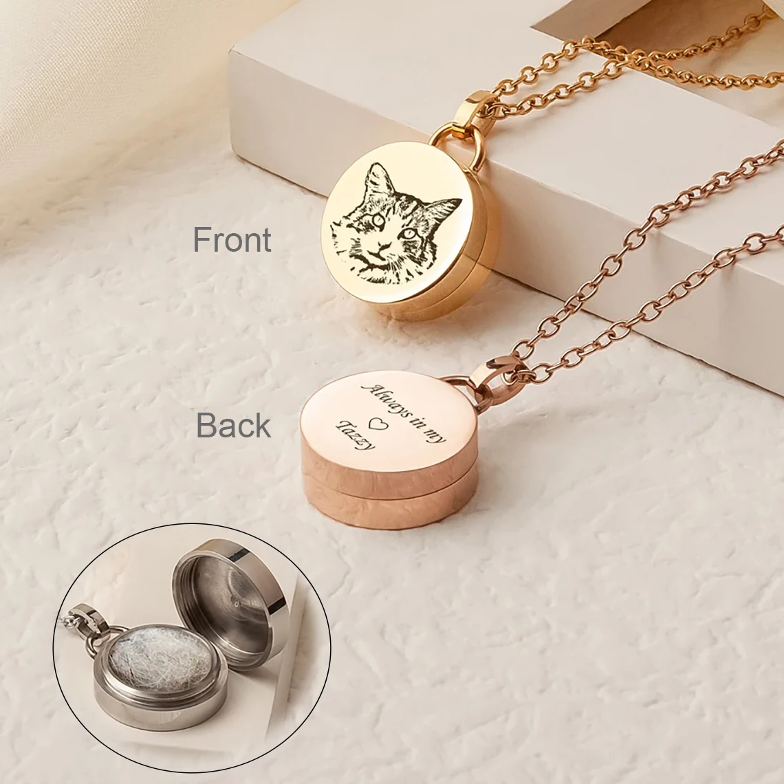 Pet Fur Hair Urn Necklace Engraved Cat/Dog Portrait Name Memorial Jewelry Stainless Steel Round Personalized Keepsake Gift