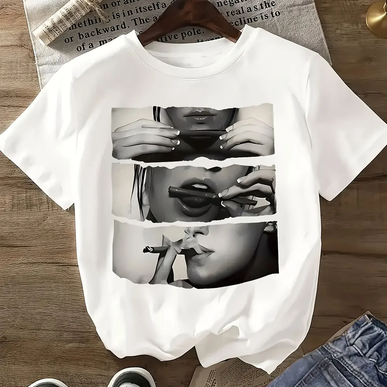 Ladies' Black and White Portrait Printed T-shirt - Artistic Tear Off Paper Effect Design Casual Top Versatile for All Seasons