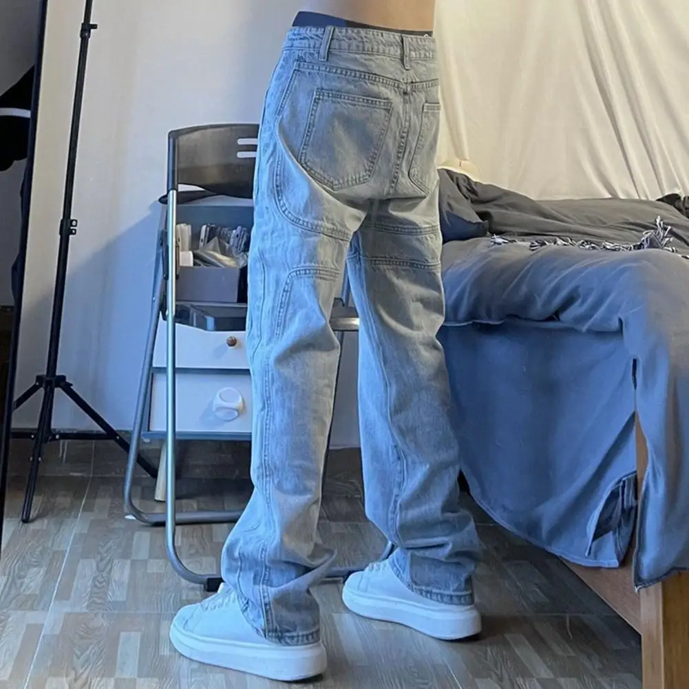 

Men Trousers Stylish Men's Wide Leg Pants with Patchwork Design Mid Waist Fit Breathable Fabric Comfortable Long Trousers