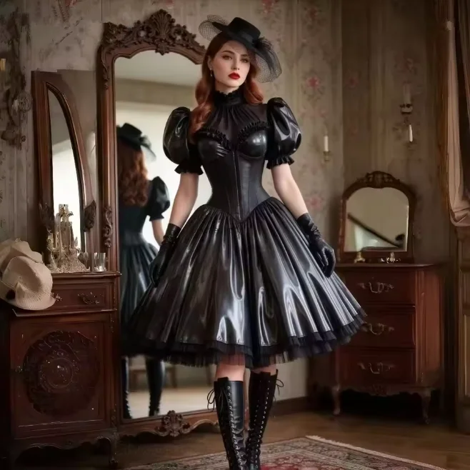 Glänzendes schwarzes PVC-Abschlussballkleid, Steampunk-Gothic-Cosplay-Kostüm, knielang, viktorianisches Halloween-Partykleid, Abendkleid, maßgeschneidert